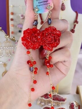 Genuine Forever Rose Drop Earrings with Bead Chains - Women Jewelry